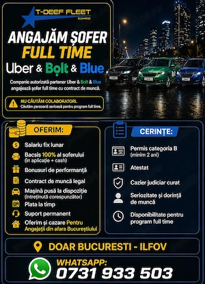 Cautam șofer pentru program de  full-time pe mașini Uber, Bolt și Blue - imagine 3