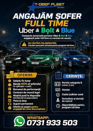 Cautam șofer pentru program de  full-time pe mașini Uber, Bolt și Blue - imagine 4