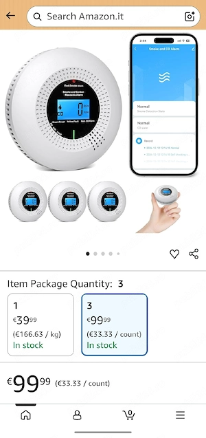 detector wifi fum și monoxid de carbon physen set 3 buc   baterie 10 ani, compatibil tuya