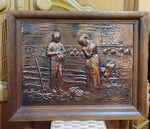 Tablou vintage basorelief cupru (metaloplastie)-Rugăciunea Angelus 