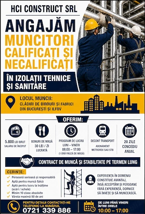 Angajam muncitori calificati si necalificati in izolatii tehnice si santiare
