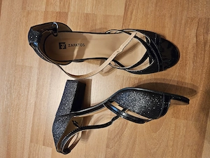 Sandale negre cu toc 8 cm, culoare neagra cu sclipici - imagine 2