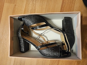 Sandale negre cu toc 8 cm, culoare neagra cu sclipici - imagine 3