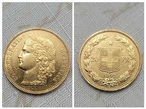 Monedă din Aur   20 Franci Helvetia 1949, 1892