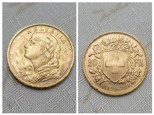 Monedă din Aur   20 Franci Helvetia 1949, 1892