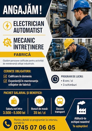 Angajam Electrician Automatizari si Mecanic Utilaje- FABRICA