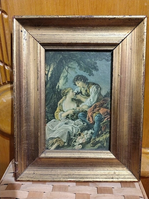 Miniatură epocă "La Cage"după F.Boucher-pictură,ulei pe pânză, ramă foiță de aur 