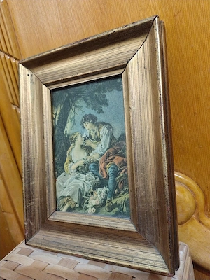 Miniatură epocă "La Cage"după F.Boucher-pictură,ulei pe pânză, ramă foiță de aur  - imagine 2