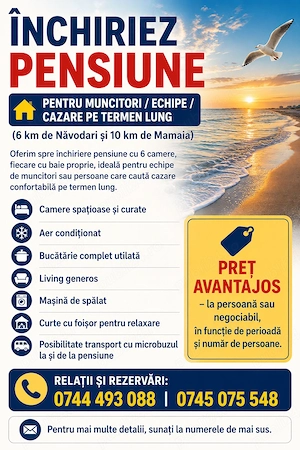 Închiriez pensiune pentru muncitori echipe cazare pe termen lung (aproape de Navodari, Mamaia)