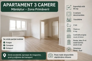 Apartament 3 camere, 65 mp, decomandat, 2 bai, zona Primăverii, Manastur