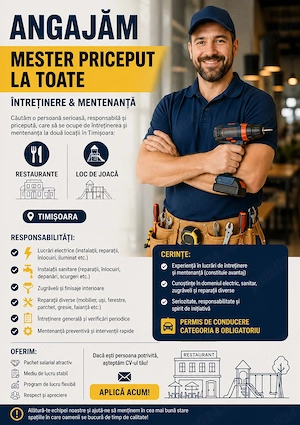 Angajăm tehnician întreținere & mentenanță