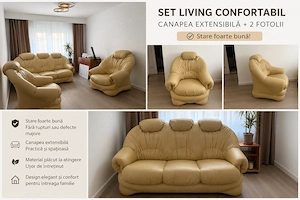 Set living din piele ecopiele crem   canapea extensibilă + 2 fotolii | Stare foarte bună