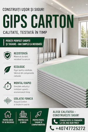 Gips carton de calitate pentru pereți și tavane.  Rezistent, ecologic și ușor de montat.  Preț bun ș