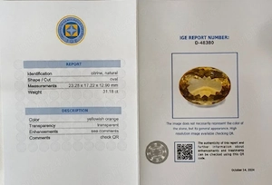 Citrin Natural 31.18 ct - Certificat IGE - Formă Ovală