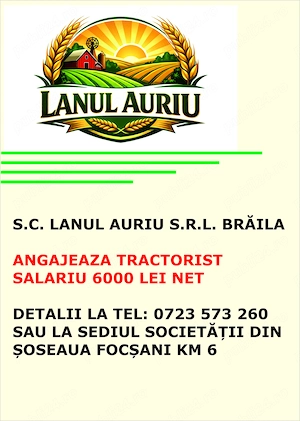 Societate Agricola angajeaza tractorist