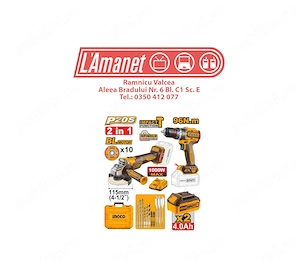 Ingco Set Cordless 2 pcs combo kit Ciocan ropercutor Polizorul unghiular cu acumulator