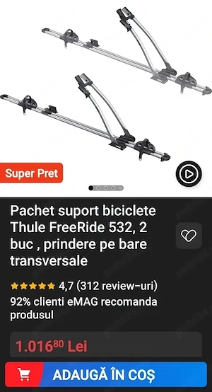 Pachet suport biciclete Thule FreeRide 532, 2 buc , prindere pe bare transversale. Sigilate - imagine 5