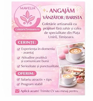 Angajăm ajutor cofetar si vânzătoaare barista  - imagine 2