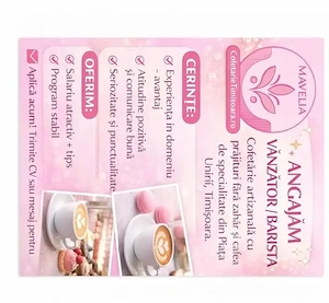 Angajăm ajutor cofetar si vânzătoaare barista 