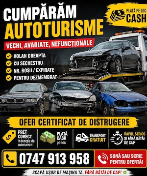 Colectăm autoturisme pentru fier vechi dezmembrat 