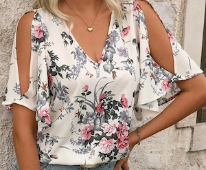 Bluză cu imprimeu floral, mânecă deosebită, elegant
