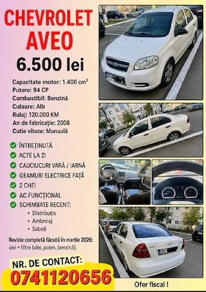 Vând Chevrolet Aveo din 2008, stare  bună,  proprietar in acte , 120 000 km, acte la zi, ITP valabi! - imagine 2