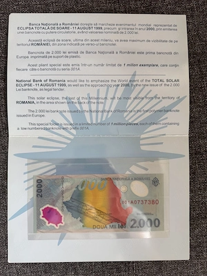 Bancnota 2000 Lei 1999 Eclipsa Serie 001A Pliant Original BNR
