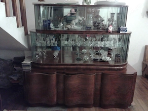 Set bufet biblioteca masa 10 persoane si 6 scaune mobila lemn nuc  masiv curbata
