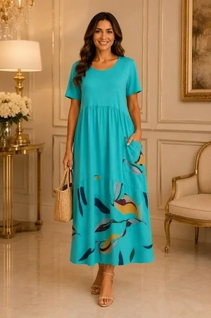 Rochie damă turcoaz, lejeră cu imprimeu colorat și buzunar decorativ