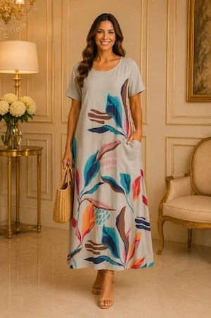 Rochie rafinata Raelynn, nuanta de nisipiu cu design floral