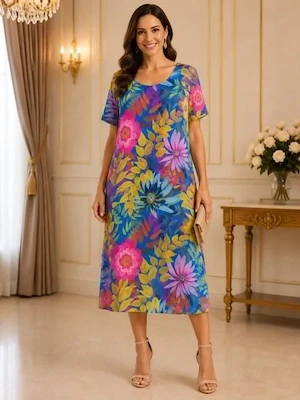 Rochie damă albastru regal cu imprimeu floral și croială vaporoasă in A