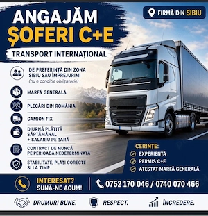    Angajăm șofer autocamion  C+E  transport internațional (Sibiu)