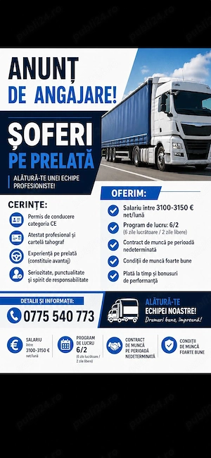 Angajăm șoferi pe prelată, curse fixe 