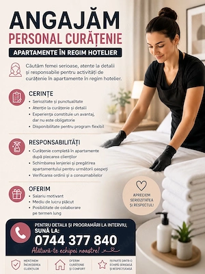Angajam femei serioase și responsabile pentru curățenie în apartamente cu regim hotelier