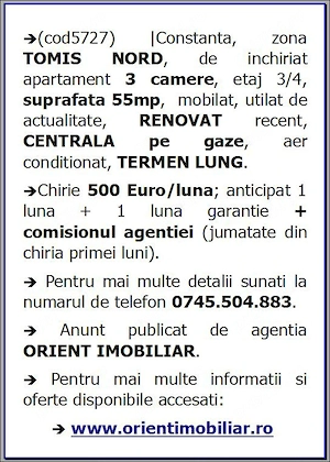 Tomis Nord, de inchiriat 3 camere, mobilat, centrala gaze, renovat - imagine 9