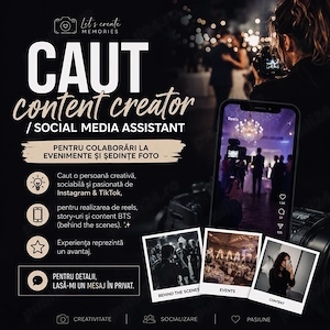  Caut content creator   social media assistant pentru colaborări la evenimente și ședințe foto