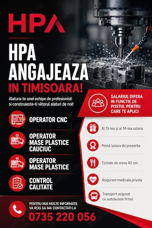 HPA angajează Operator CNC pentru o fabrică din Timișoara