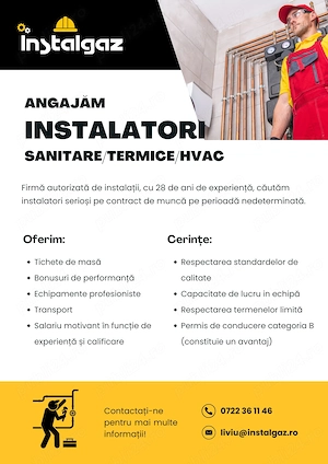 Angajăm INSTALATORI (sau echipe de instalatori) sanitare, termice, HVAC în București