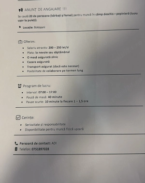  Oportunitate de muncă în Botoșani! Salariu bun, masă asigurată și transport la nevoie.