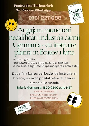 Angajam muncitori necalificati industria carnii Germania - cu instruire platita in Brasov 1 luna