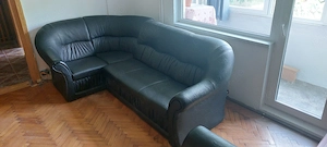 Coltar extensibil + fotoliu (ecopiele), negru, foarte confortabil