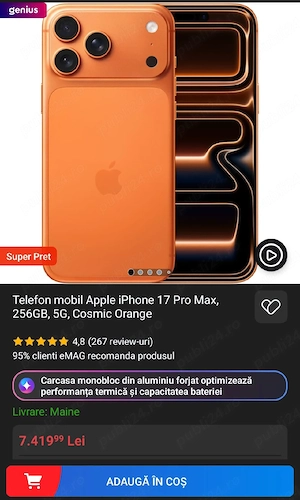 Sigilat ! Garantie ! Factura ! Nou ! Telefon mobil Apple iPhone 17 Pro Max , 256GB 5G Cosmic Orange