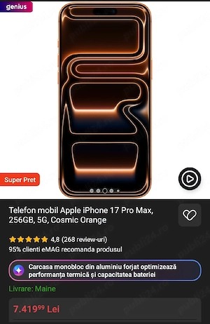 Nou ! Sigilat ! Factura ! Garantie ! Telefon mobil Apple iPhone 17 Pro Max, 256GB, 5G, Cosmic Orange