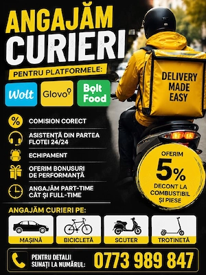 Angajez livratori mancare Wolt Glovo Bolt Food