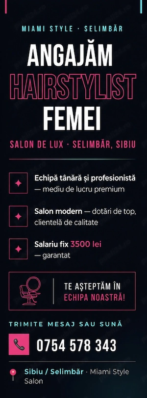 Angajăm hairstylist femei  salariu fix 3500 lei