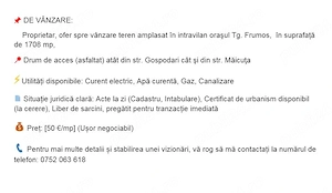  DE VÂNZARE 1708mp teren amplasat în intravilan oraşul Tg. Frumos
