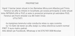 Proprietar vand teren in loc.Remetea Mica-Timis la sosea principala, front stradal 80 metri