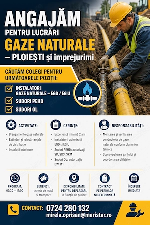 Angajăm Instalatori și Sudori Gaze Naturale   Ploiești