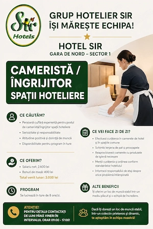 SIR Gara de Nord angajează camerista îngrijitor spații hoteliere