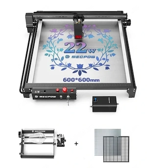 Laser CNC Mecpow X5 Pro, 22W Optic Real, 600x600mm, air assist si fagure - Folosit putin teste  demo